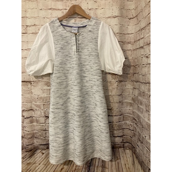 Dresses & Skirts - Violet Weekend Dress Womens Medium Gray Speckle Puff Sleeve Midi Pockets Sheath